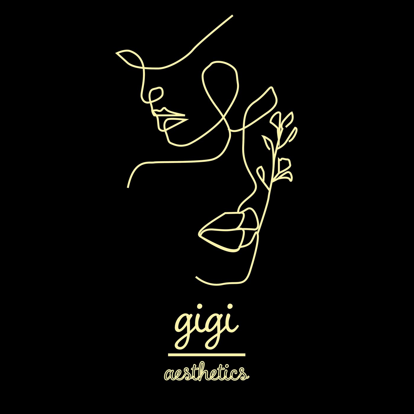 gigi aesthetics logo: a gold single-line drawing of a face with a flower